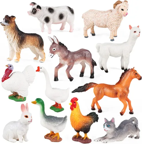 SIENON Juego de 12 piezas de figuras de animales de granja, mini juguetes de plástico realistas para niños, juego educativo de animales de granja