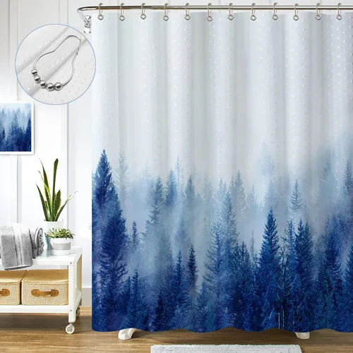 Miniatura 17 de ORTIGIA 36x72 Cortina de ducha de bosque nebuloso para baño pequeño, cortina de ducha estrecha de naturaleza y bosque en blanco y negro con ganchos