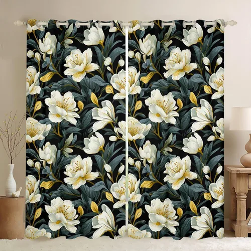 Erosebridal Cortinas opacas elegantes de lirios blancos, flores de lirio blanco, 38 pulgadas de ancho x 45 pulgadas de largo, hojas botánicas,