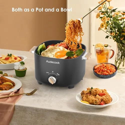 Miniatura 4 de Audecook Hot Pot Eléctrico, Multicocina antiadherente portátil de 2.5 L para 1-3 personas, sartén eléctrica de viaje con textura de panal con Negro