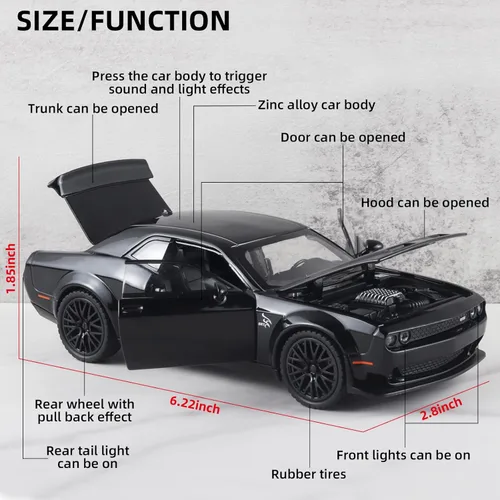 Miniatura 2 de OANMYJJO Autos de juguete para niños 1/32 Challenger Hellcat - Autos de juguete de metal fundido a presión, auto Hellcat con luz y música, auto