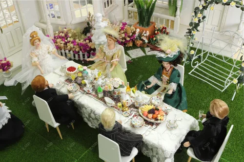 Miniatura 5 de iLAND - Juego de 16 piezas de té miniatura de porcelana en miniatura con camino de mesa, accesorios de elfo, bonita decoración de casa de muñecas