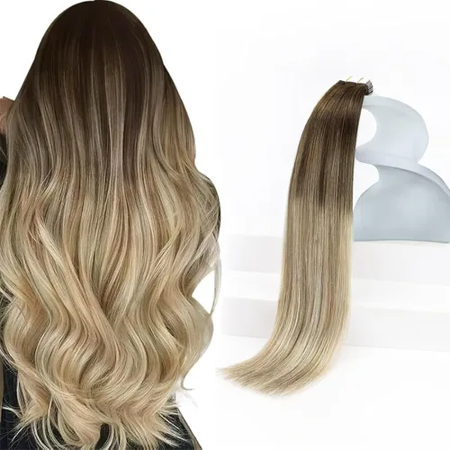 Sunny Hair - Extensiones de cabello humano para mujer, con cinta adhesiva, Remy, castaño oscuro ombré, rubio dorado oscuro con efecto balayage y