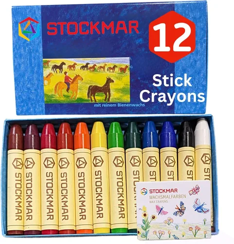 STOCKMAR Crayones de cera de abejas, juego de 12 colores surtidos en una caja de almacenamiento resistente, crayones de cera resistentes a la rotura
