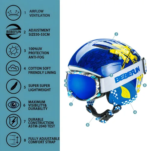 Miniatura 5 de Casco de esquí para niños pequeños y niños, casco de snowboard con gafas para actividades de nieve, ultraligero, comodidad y calidez