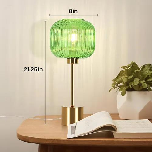 Miniatura 4 de Lámpara de mesa de cristal verde con 3 vías regulable y control táctil, lámpara de mesita de noche vintage moderna de mediados de siglo