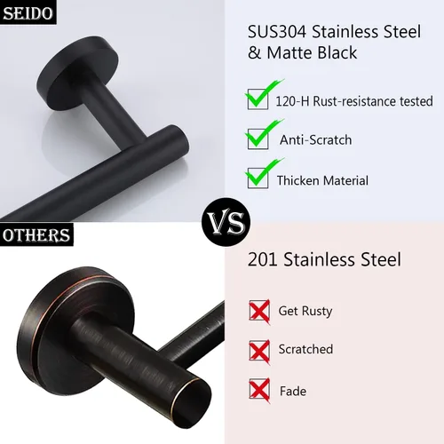Miniatura 2 de SEIDO Toallero con 9.6 pulgadas de longitud utilizable, barra de toalla negra de acero inoxidable 304 para pared de baño, toalleros de una pieza