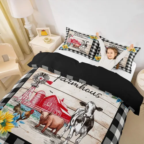 Miniatura 9 de Erosebridal Juego de funda de edredón vintage de molino de viento, tamaño Queen, estilo rústico de granja, estilo vintage, estilo campesino, Multi 13