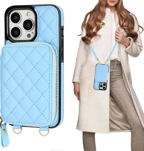 Miniatura 17 de Bocasal Funda tipo cartera cruzada para iPhone 13 Pro, con bloqueo RFID, de piel sintética, con cremallera, funda tipo cartera con función atril