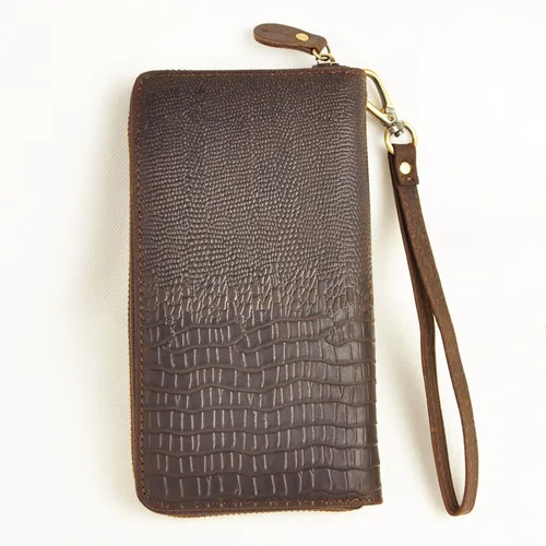 Miniatura 2 de Le'aokuu Unisex calidad cuero genuino cadena embrague mano bolso organizador monedero chequera cremallera cartera 1016, Cocodrilo marrón