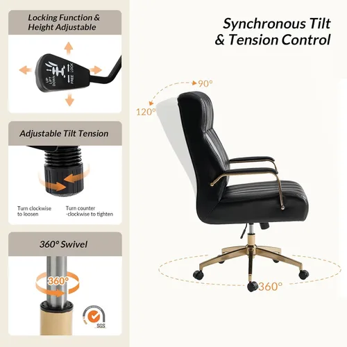 Miniatura 4 de HULALA HOME Silla de oficina ejecutiva moderna, silla de escritorio ergonómica copetuda de piel sintética con base chapada en oro y reposabrazos