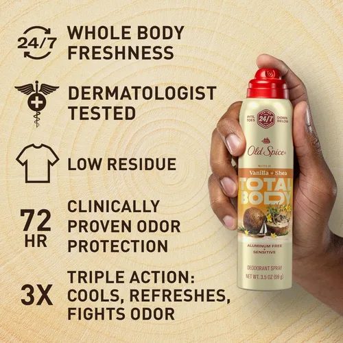 Miniatura 3 de Old Spice Desodorante en aerosol para todo el cuerpo para hombres, sin aluminio, aroma a vainilla + karité, protección contra olores 24/7, frescura