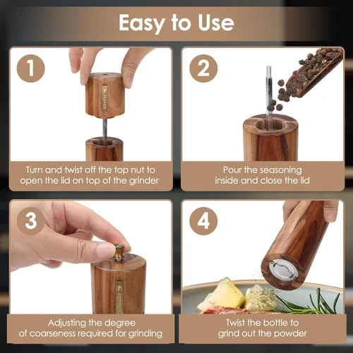 Miniatura 6 de Juego de molinillo de sal y pimienta de madera, molinillo manual de sal y pimienta de 8 pulgadas con cepillo y cuchara, grosor ajustable, molinillo