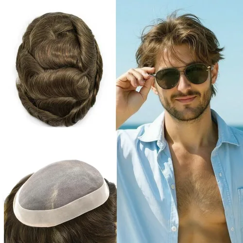 Miniatura 40 de Toupee de cabello humano fino mono revestido de poliéster para hombre, postizo de monofilamento duradero NPU monofilamento tupé para hombres