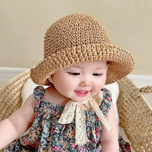 Miniatura 5 de Sombreros de paja para niñas pequeñas y plegables de ala ancha para verano, sombrero de paja para fotografía de bebé, sombreros de paja