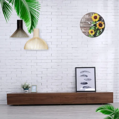 Miniatura 2 de Reloj de pared redondo de decoración de cocina de girasol, 10 pulgadas, decoración de baño, silencioso, sin tictac, reloj de madera