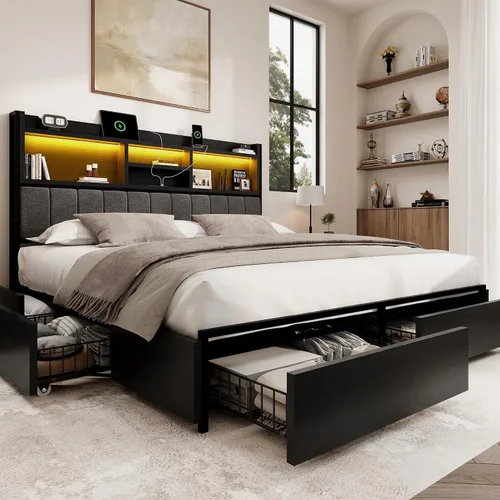 Miniatura 14 de BRELTAM Base de cama Queen con 6 cajones de almacenamiento, cabecera tapizada de lino, estación de carga USB integrada e iluminación LED, soporte