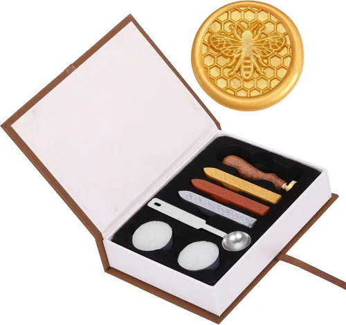 Kit de sello de cera Yoption, sello de sellado de abeja y panal con palos de cera de sellado dorados, rojos y plateados, juego de caja de regalo