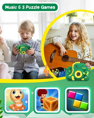Miniatura 6 de Cámara para niños, Cámara digital para niños pequeños de dinosaurio para niños de 3 a 12 años, regalos de Navidad y cumpleaños, cámara de video HD