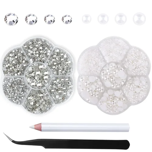 Miniatura 7 de Diamantes de imitación con parte trasera plana, medias perlas, cuentas para manualidades y piedras gemas, diamantes de imitación de tamaño mixto