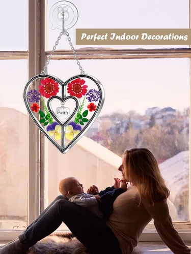 Miniatura 6 de Ky&Bosam - Atrapaluz de cristal, ventana en forma de corazón, con flor prensada, diseño de corazón/ "Mom", regalo para el Día de la Madre, Navidad