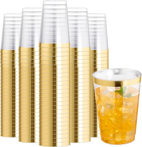 Miniatura 12 de I00000 Paquete de 100 unidades de vasos de plástico dorado de 12 onzas, vasos desechables con borde dorado, vasos de vino desechables y copas