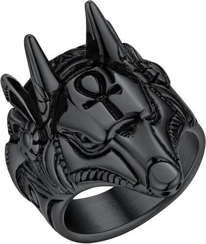 FaithHeart Anubis - Anillos para hombres y mujeres, joyería de acero inoxidable resistente, anillo de amuleto de cruz Ankh, embalaje delicado, Acero
