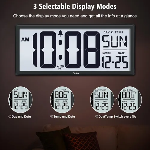 Miniatura 4 de WallarGe Reloj de Pared Digital con Retroiluminación Operado por Batería - con Temperatura y Fecha 14.5'' Reloj de Pared Digital Grande, Fácil