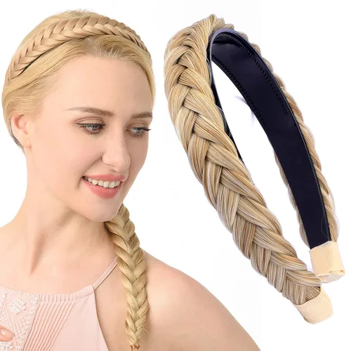 Miniatura 33 de Ancho de 1.5 cm Banda de pelo sintético trenzada estrecha con dientes para mujeres y niñas (Negro)