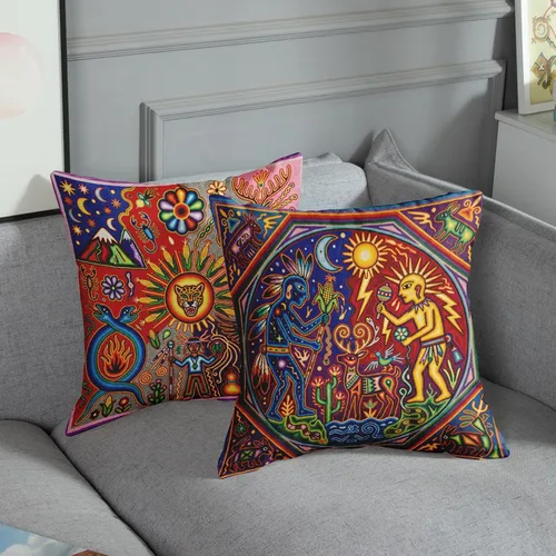 Miniatura 4 de ArtSocket Juego de 4 fundas de almohada de lino Huichol mexicano, fundas de almohada decorativas para decoración del hogar, fundas cuadradas de 16 x