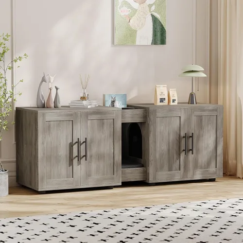 GAOMON Caja de arena con doble jaula, casa para gatos, caja de arena oculta para 2 gatos, muebles de madera cerrada para gatos, 55 pulgadas de largo