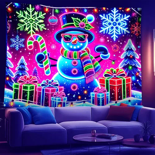 Miniatura 17 de NYZE - Tapiz de Navidad con Papá Noel, tapiz de luz negra que brilla en la oscuridad, colgante de pared, banner festivo, decoración para fiesta