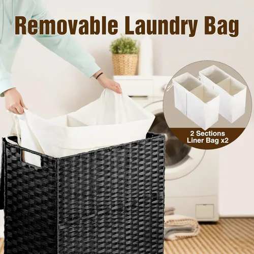 Miniatura 46 de GREENSTELL Cesta para ropa sucia con ruedas y tapa, 130 L, cesta grande de 3 secciones con 2 tipos de bolsas de forro extraíbles, 5 bolsas de malla