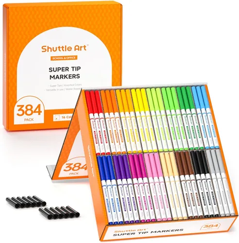 Shuttle Art Paquete de 384 Marcadores Lavables Super Tips, 16 Colores Surtidos Marcadores Grandes de Punta Cónica a Granel con una Caja, Tapas