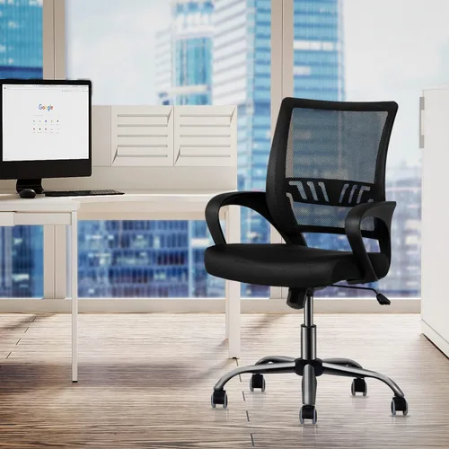 Miniatura 2 de MoNiBloom Silla de oficina de malla negra + alfombrilla para silla, silla giratoria ergonómica con respaldo medio con soporte lumbar y reposabrazos