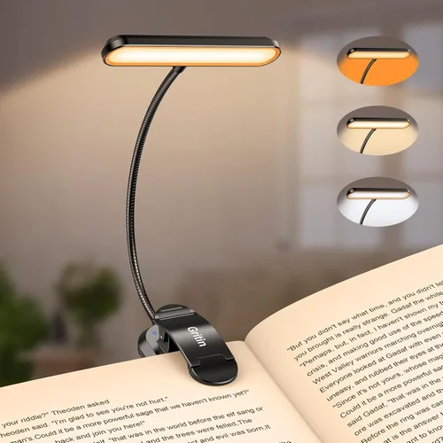 Gritin Luz de libro recargable para leer en la cama con 19 LED y función de memoria, cuidado de los ojos, 3 temperaturas de color, 5 niveles de Negro