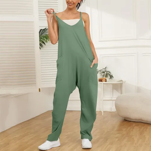 Miniatura 5 de Hugncmy Womens Casual Summer Jumpsuit Sleeveless Loose Solid Color Comfortable Strap Loose Jumpsuit Formal Rompers for