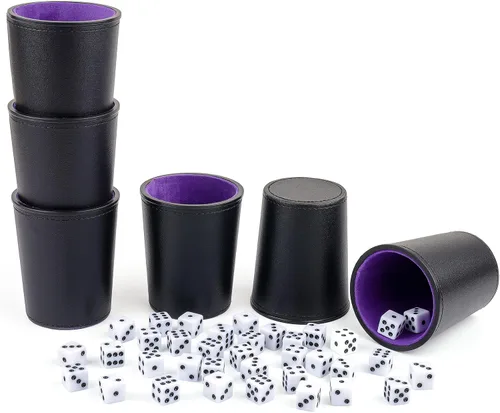 Miniatura 8 de Juego de tazas de dados con forro de fieltro de cuero PU de Reriver, 6 tazas silenciosas mezcladoras de dados con 36 dados para juegos de Bar Party
