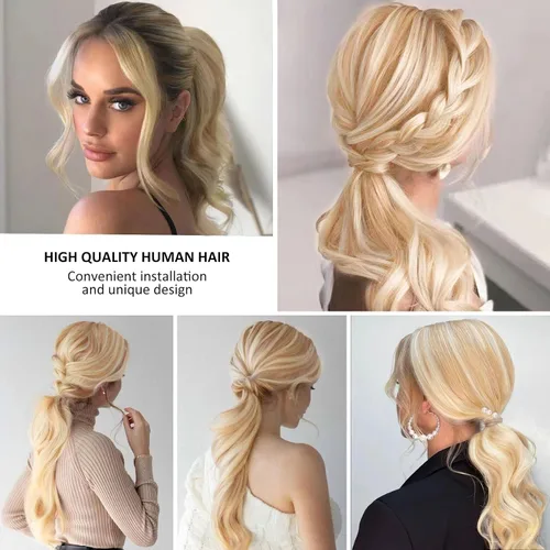 Miniatura 7 de Caliee Extensión de cabello humano de 14 pulgadas de largo, con reflejos P12/60A, color marrón dorado con rubio platino, extensión de cabello 100%