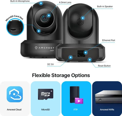 Miniatura 7 de Amcrest Paquete de 2 cámaras WiFi de 1080p para interiores, cámara de seguridad para el hogar panorámica/inclinación de 2 MP, seguimiento Negro