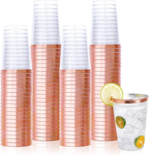 Vplus Paquete de 150 vasos de plástico transparente reutilizables con borde de oro rosa de 12 onzas, vasos desechables de plástico resistentes para