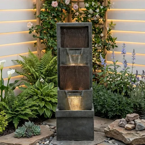 Miniatura 12 de Hamiedun Fuente de agua de 38.2 pulgadas de alto para exteriores, cuencos en cascada y piedras apiladas con luces LED, fuente de cascadas