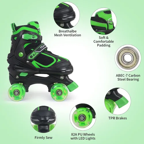 Miniatura 2 de MammyGol Patines de ruedas para niños y niñas, patines cuádruples de 4 tamaños ajustables para niños con todas las ruedas que se iluminan, Verde