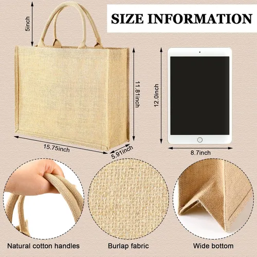 Miniatura 5 de Shappy Paquete de 8 bolsas de arpillera con asas de 15.8 x 11.8 x 5.9 pulgadas, bolsas de yute con interior laminado, bolsa de comestibles Marrón
