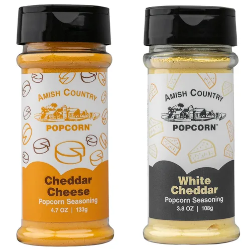 Amish Country Popcorn Paquete variado de condimentos | Queso cheddar – 5.1 oz y queso cheddar blanco – Condimento de palomitas de maíz de 3.8 onzas