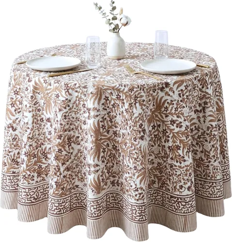 Miniatura 28 de ATOSII Mantel Redondo Bohemio Jade de Algodón 100%, Mantel de Lino con Estampado Floral de Bloques para Comedor, Fiestas, Bodas, Exteriores I
