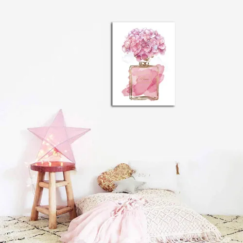Miniatura 2 de Arte de pared de flores rosadas, lienzo de moda, cuadros de decoración de pared para dormitorio de niñas, acuarela, hortensia, lienzo contemporáneo
