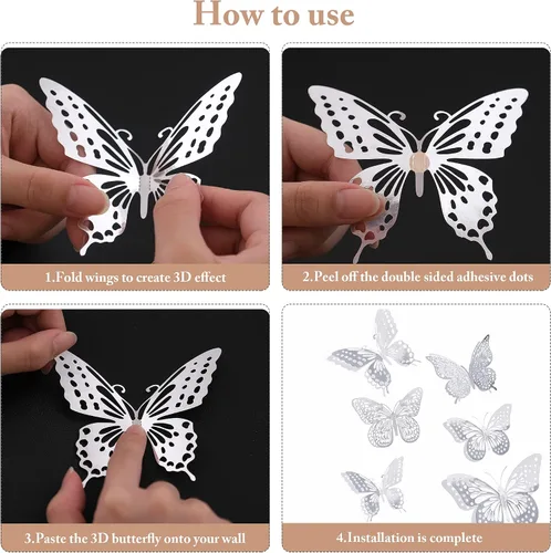 Miniatura 6 de SAOROPEB Decoración de pared de mariposa 3D, 48 piezas, 4 estilos, 3 tamaños, adhesivo metálico extraíble para pared, calcomanías murales