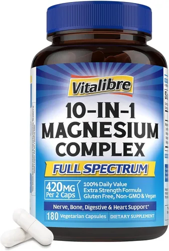 Miniatura 10 de Vitalibre Complejo de magnesio 10 en 1, 420 mg de magnesio elemental, ultra fuerza, máxima absorción, suplemento de magnesio quelado para nervios