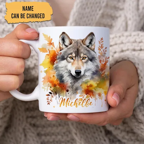 Miniatura 2 de Hyturtle Taza de café personalizada de lobo de otoño, regalos de cumpleaños para los amantes del lobo, regalos de decoración de otoño para casa